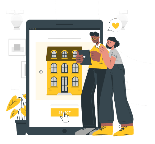 Ilustrasi agen properti menampilkan listing rumah lewat tablet
